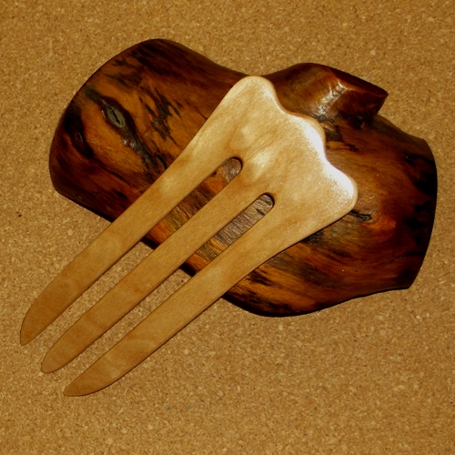 Quilted Maple 3 prong hair fork by Jeter and sold in the UK by Longhaired Jewels
